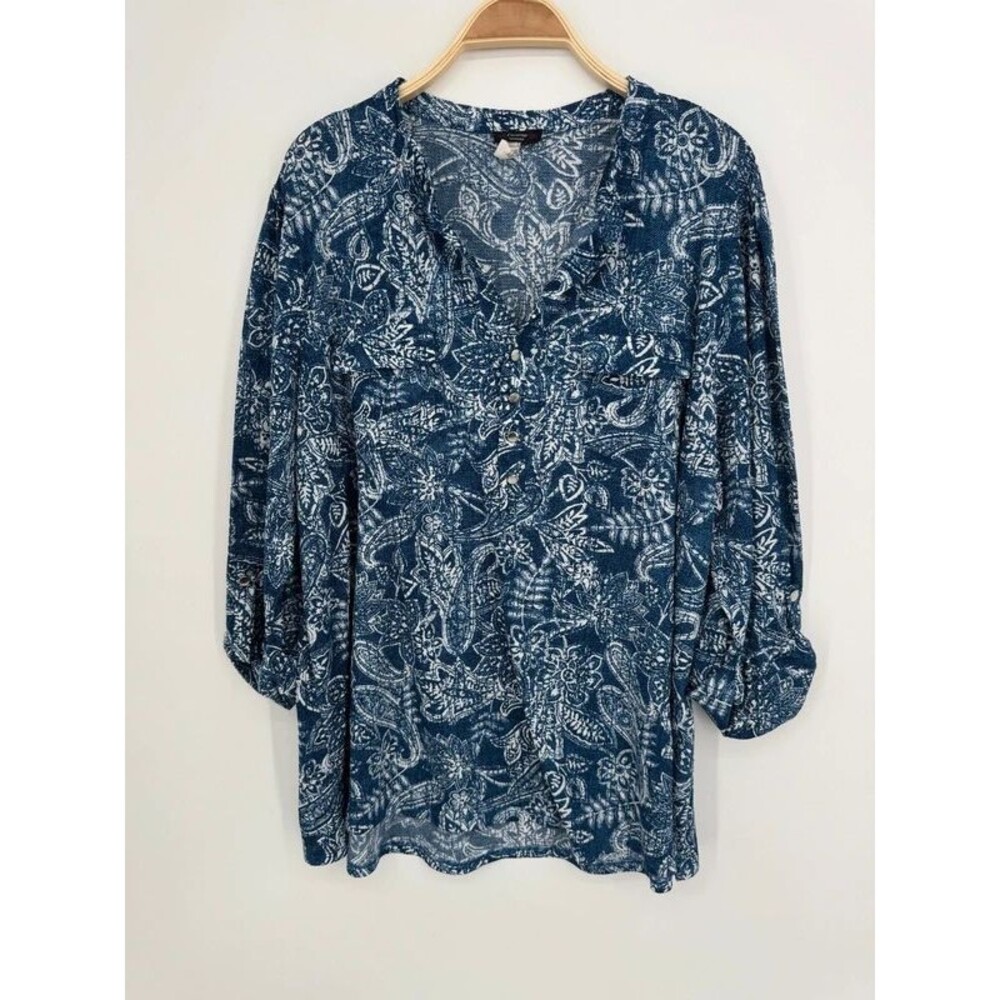 Cocomo Paisley Blouse 3X Blue White Balloon Sleeve Boho